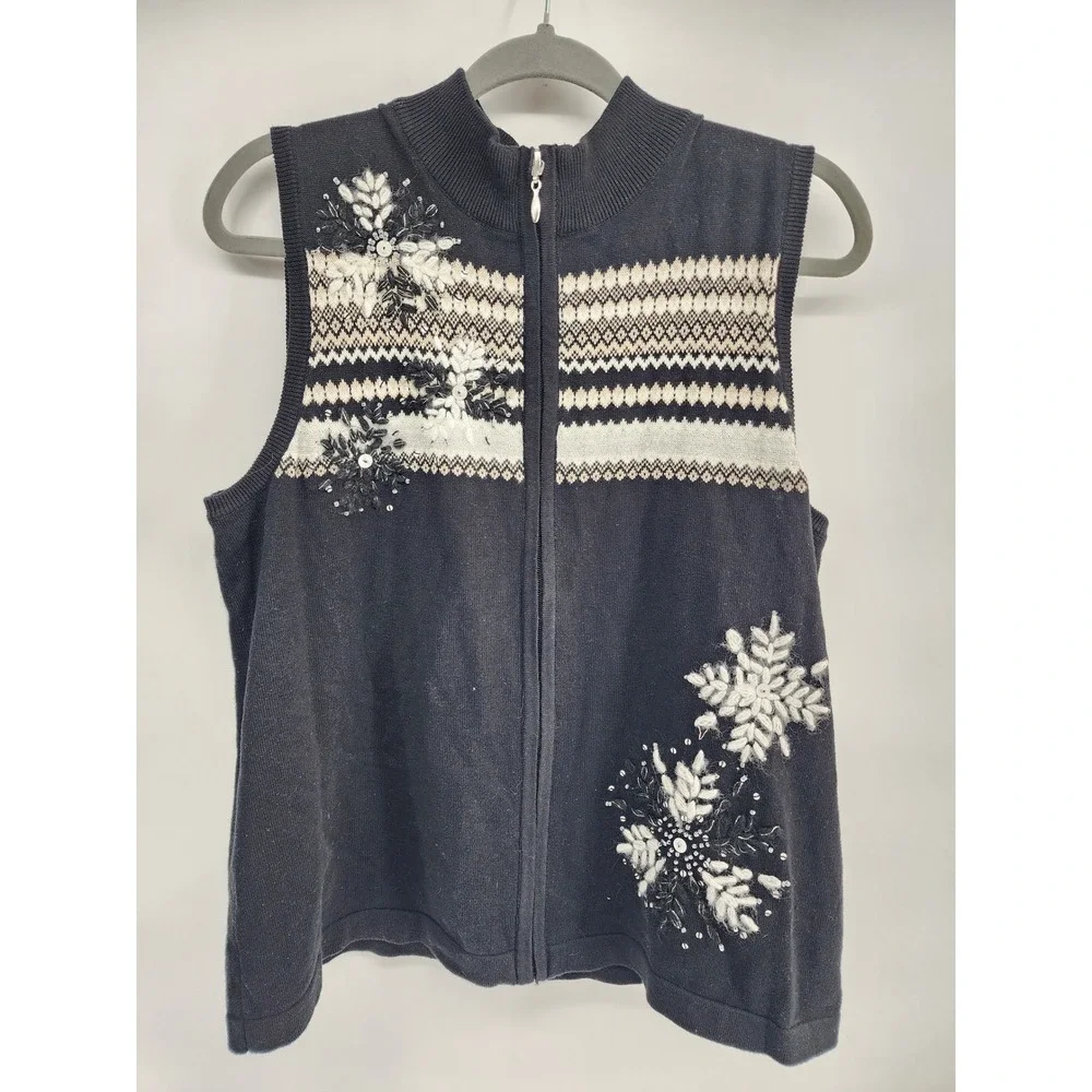 CJ Banks Black Snowflake Fair Isle Beaded Zip Up Sweater Vest Size X